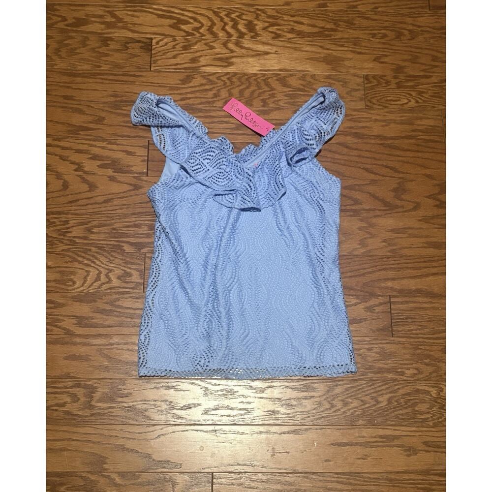 Lilly Pulitzer Women's Blue Alessa Flowing Leaf Lace Ruffle Collar Tank Top Sz M